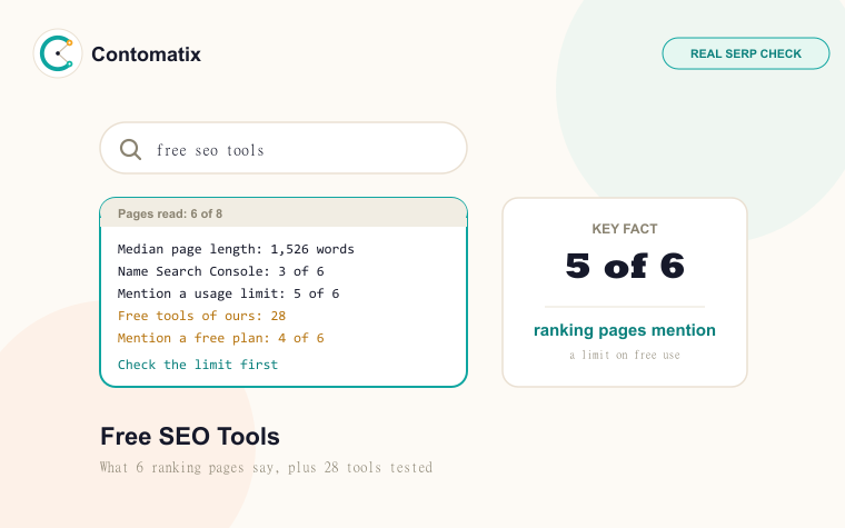 Free SEO Tools: 28 Tools by Job, and What 6 Pages Say