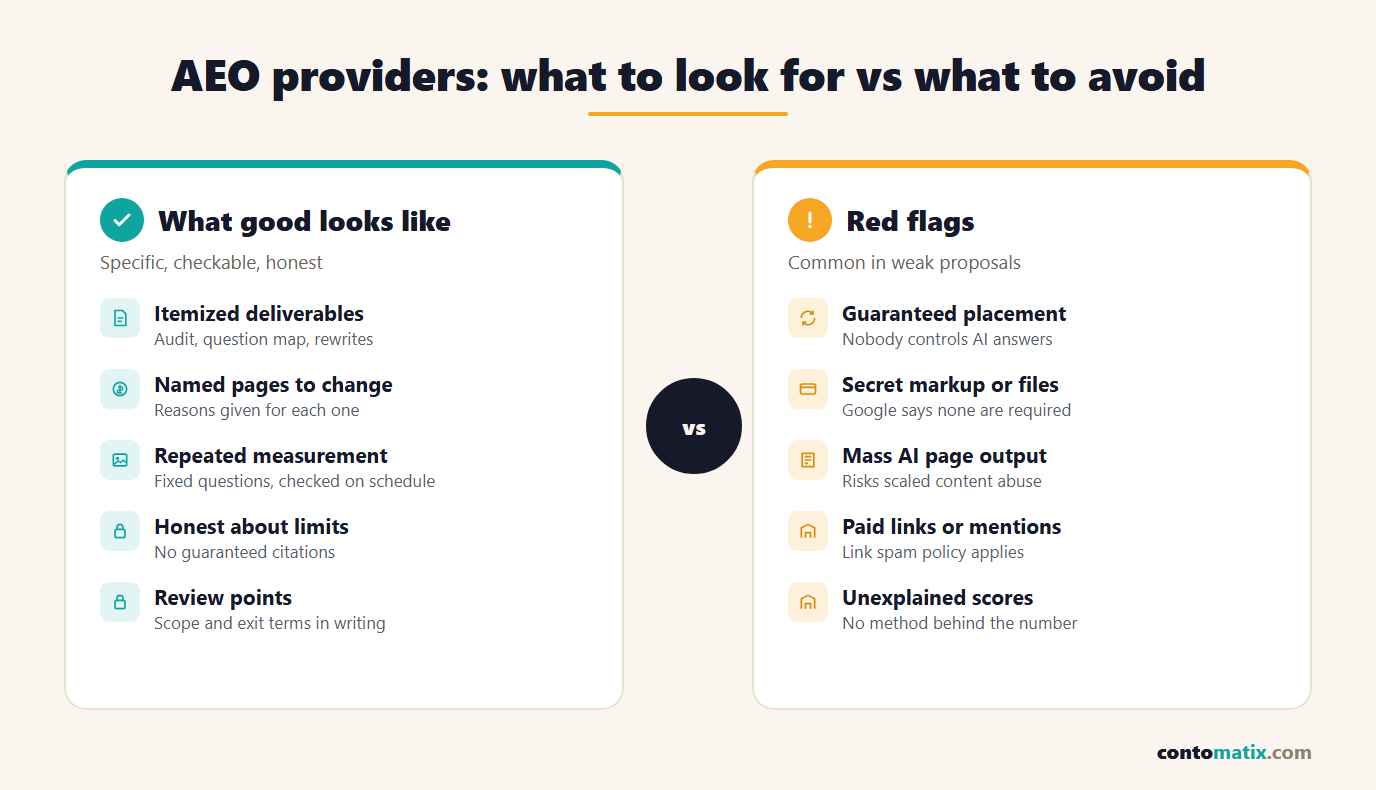 Checklist comparing what a good answer engine optimization provider shows, such as itemized deliverables and honest measurement, against red flags such as guaranteed citations and secret markup