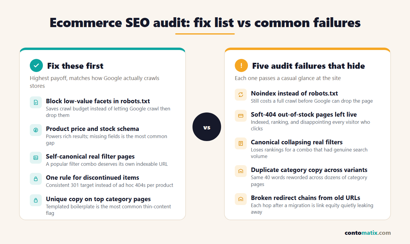 Ecommerce SEO audit fix list: block low-value facets, add product schema, handle out-of-stock pages correctly, and fix canonical filters, versus five failures that look like non-issues