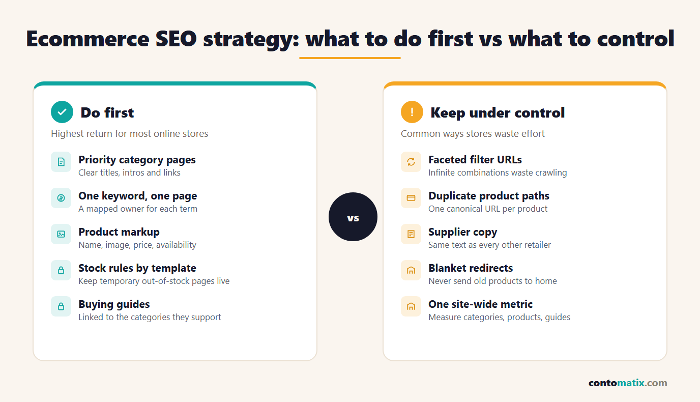 Ecommerce SEO strategy at a glance: prioritise categories, then product templates, then content, control faceted URLs, add Product structured data and handle out-of-stock pages by rule