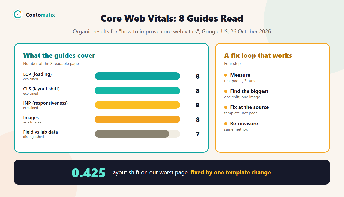 Infographic of what 8 Core Web Vitals guides cover and a four-step fix loop: measure first, find the biggest shift, fix at the source and re-measure, with our worst layout shift of 0.425 caused by one wrong image size
