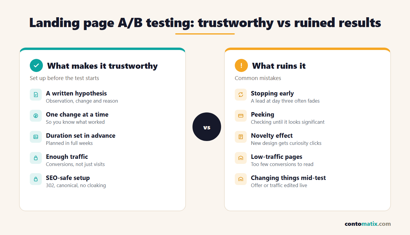 Landing page A/B testing: what makes a result trustworthy, such as one change, a written hypothesis and a planned duration, versus what ruins it, such as peeking, stopping early and testing low-traffic pages