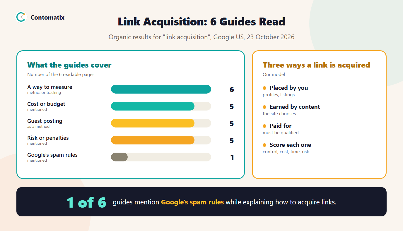 Infographic of what 6 link acquisition guides cover: 6 of 6 give a way to measure, 5 mention cost and guest posting, 5 mention risk, only 1 mentions Google spam rules, plus three ways a link is acquired