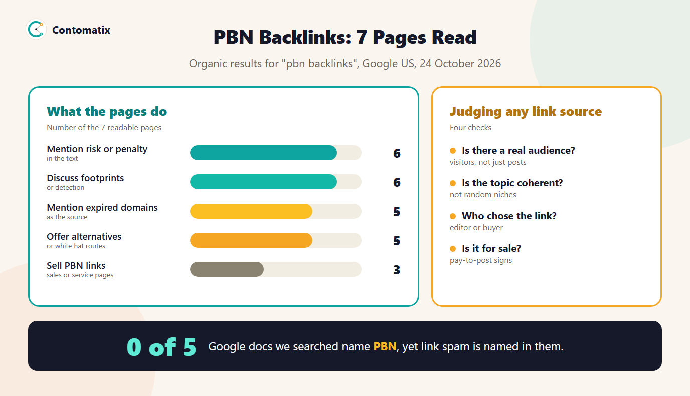 Infographic of what 7 pages ranking for PBN backlinks do: 6 mention risk, 6 discuss footprints, 5 mention expired domains, 5 offer alternatives and 3 sell PBN links, plus four checks for judging any link source