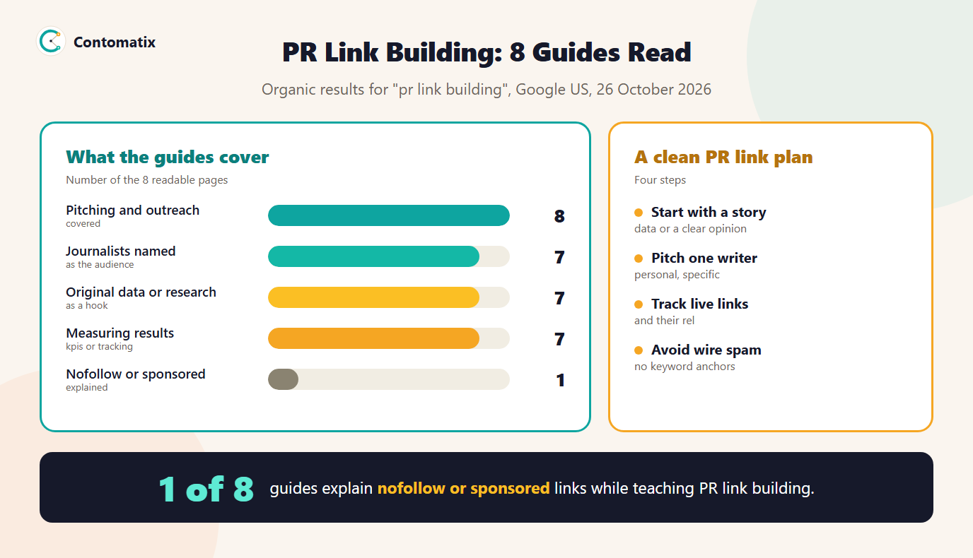 Infographic of what 8 PR link building guides cover: pitching 8, journalists 7, original data 7, measuring results 7, and only 1 explaining nofollow or sponsored, plus a four-step clean PR link plan