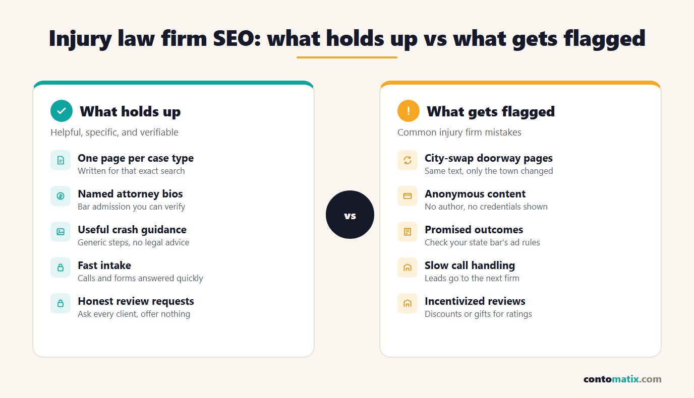 Injury law firm SEO: what holds up, such as one page per case type, named attorney bios and fast intake, versus what gets flagged, such as city-swap doorway pages, anonymous content and incentivized reviews