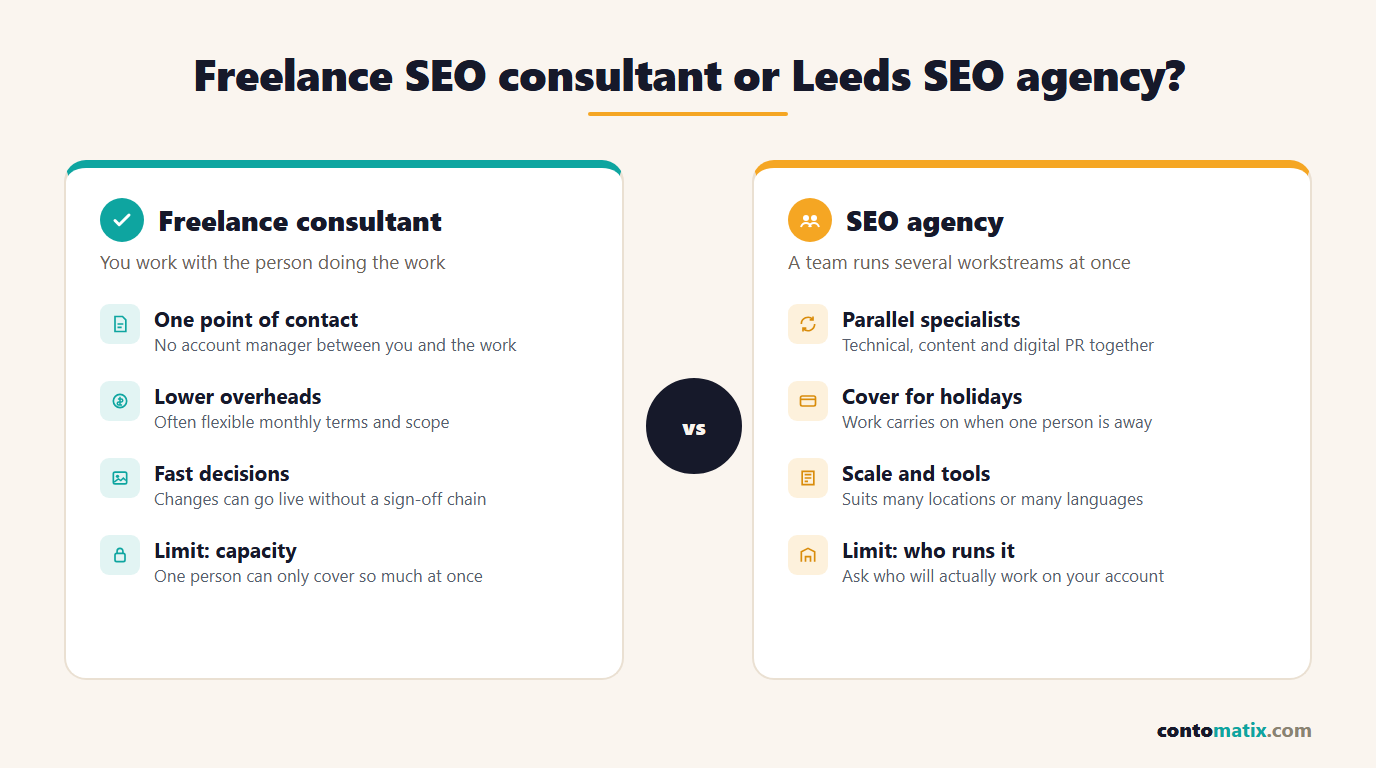 Infographic comparing a freelance SEO consultant with an SEO agency in Leeds