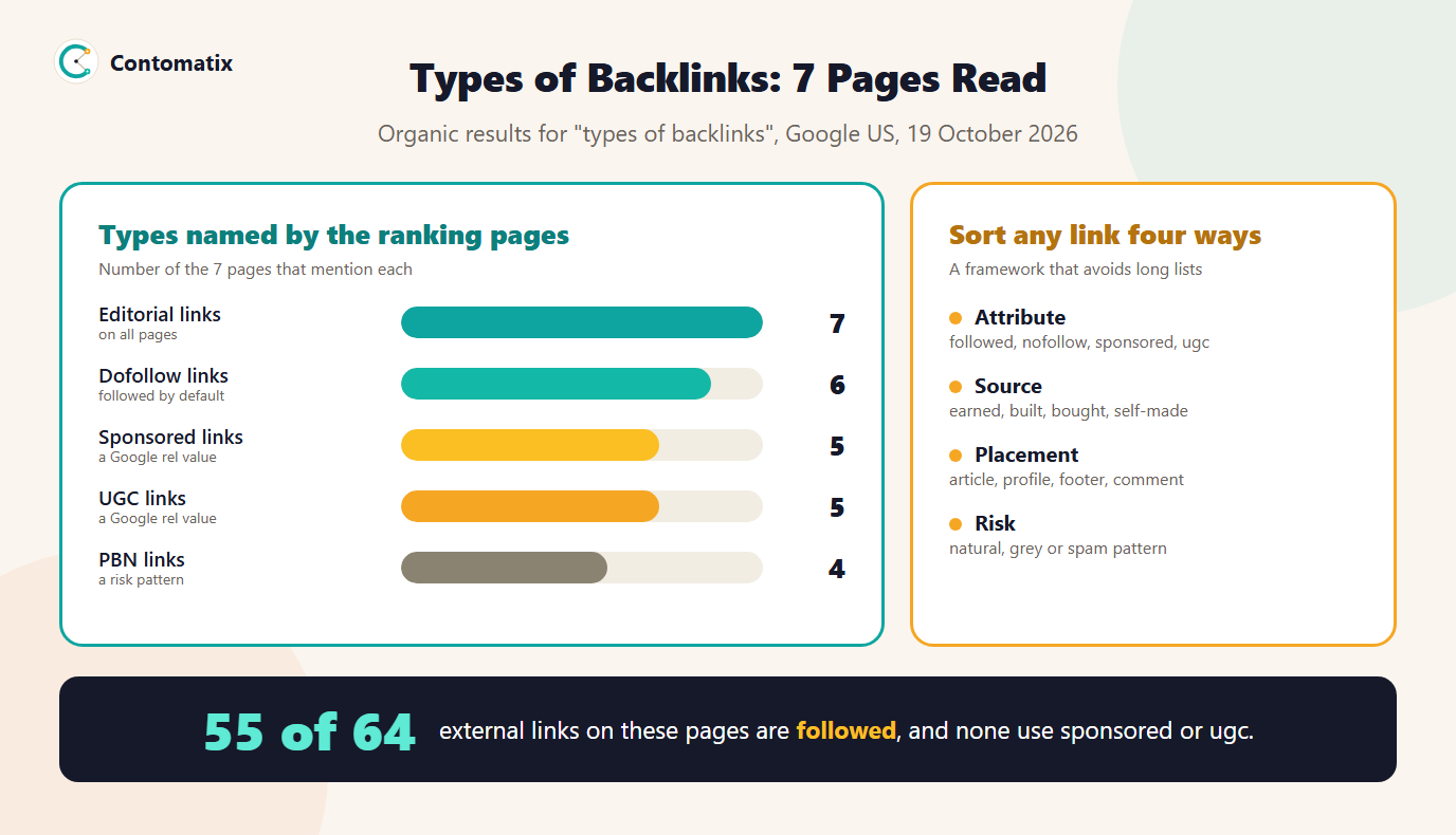 Infographic of the link types named by 7 pages ranking for types of backlinks and four ways to sort any backlink: attribute, source, placement and risk