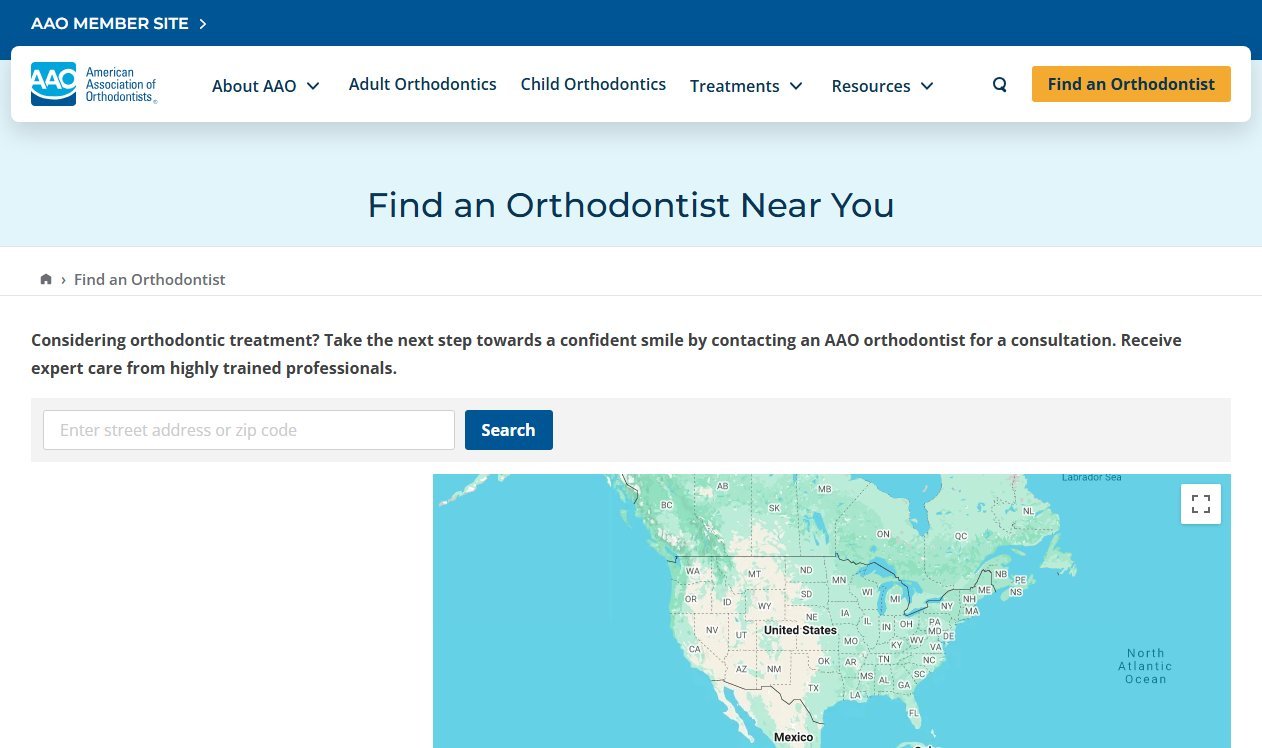 American Association of Orthodontists Find an Orthodontist page with a search box and map of the United States