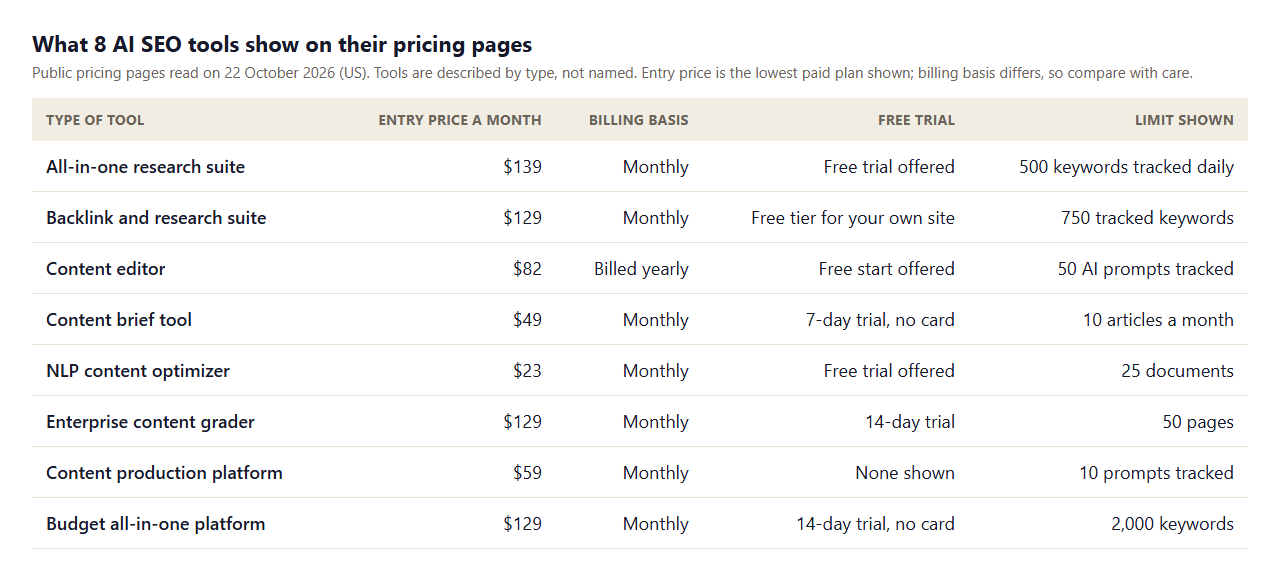 Table of eight AI SEO tools by type showing entry price from $23 to $139 a month, billing basis, free trial wording and the usage limit each pricing page states