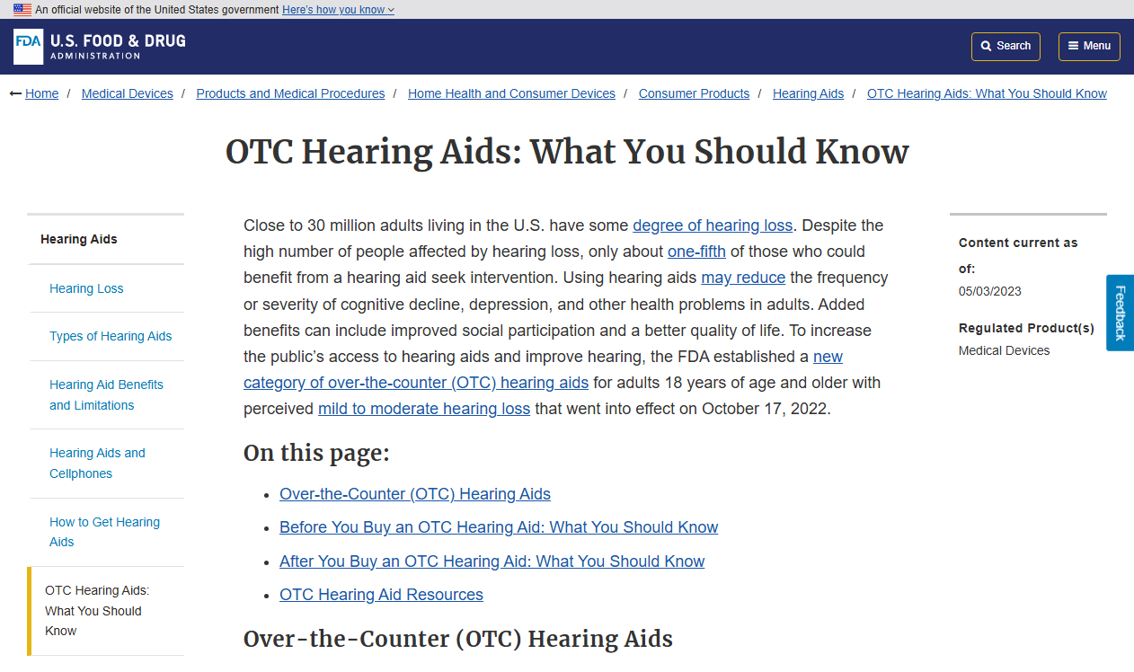 FDA page titled OTC Hearing Aids: What You Should Know