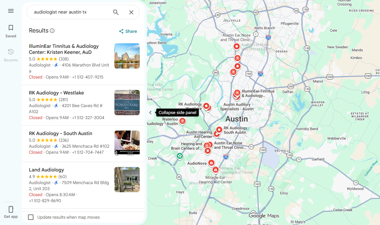 Live Google Maps results for audiologist near Austin, TX