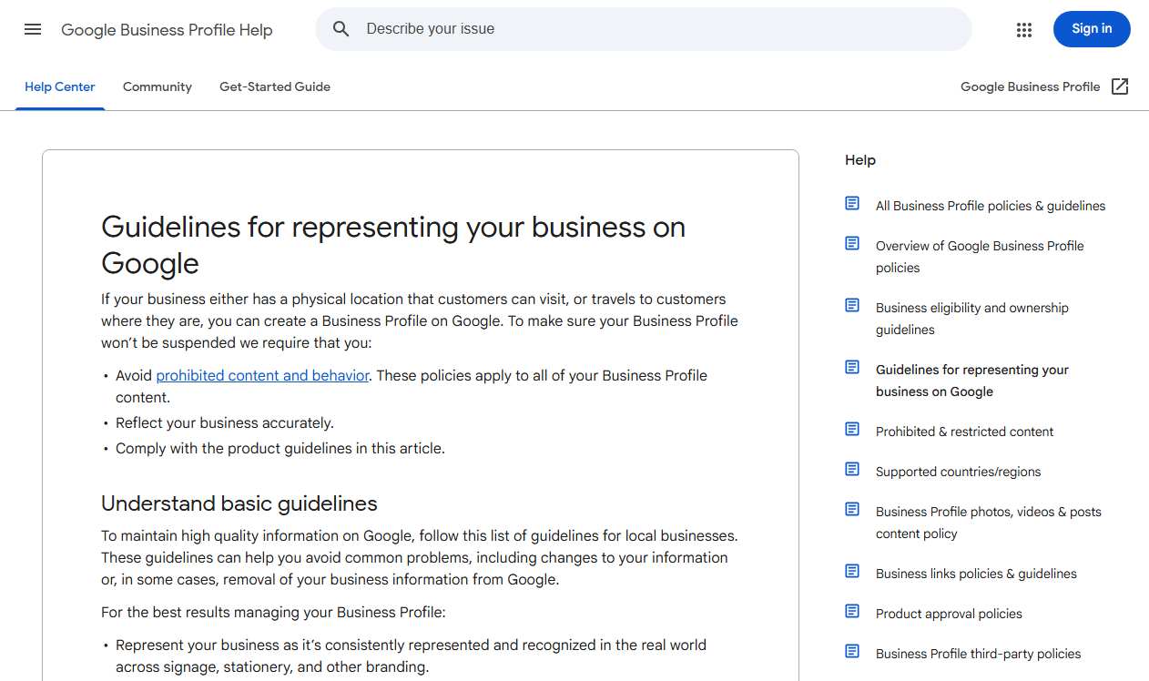 Google Business Profile guidelines for representing a business on Google