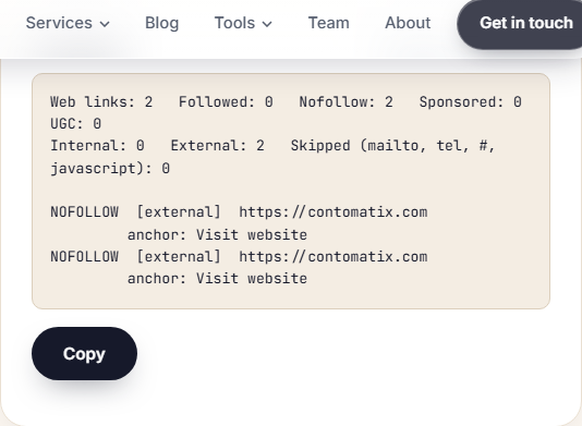 Dofollow link checker output for the GoodFirms profile page: 2 web links, 0 followed, 2 nofollow, both external with the anchor Visit website