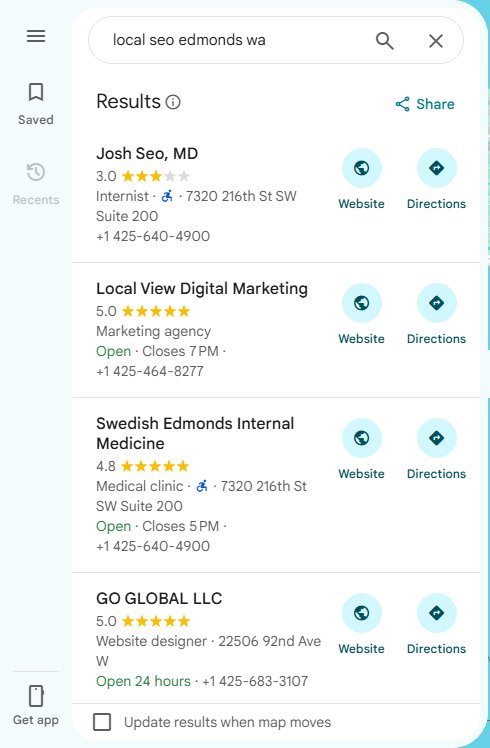Live Google Maps results for local seo edmonds wa