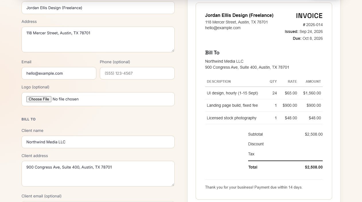 Free invoice generator filled with a freelance invoice showing hourly design work, a fixed fee and a reimbursed cost