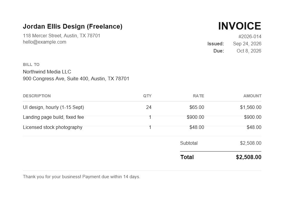 Downloaded freelance invoice PDF showing sender, client, line items, subtotal and total due