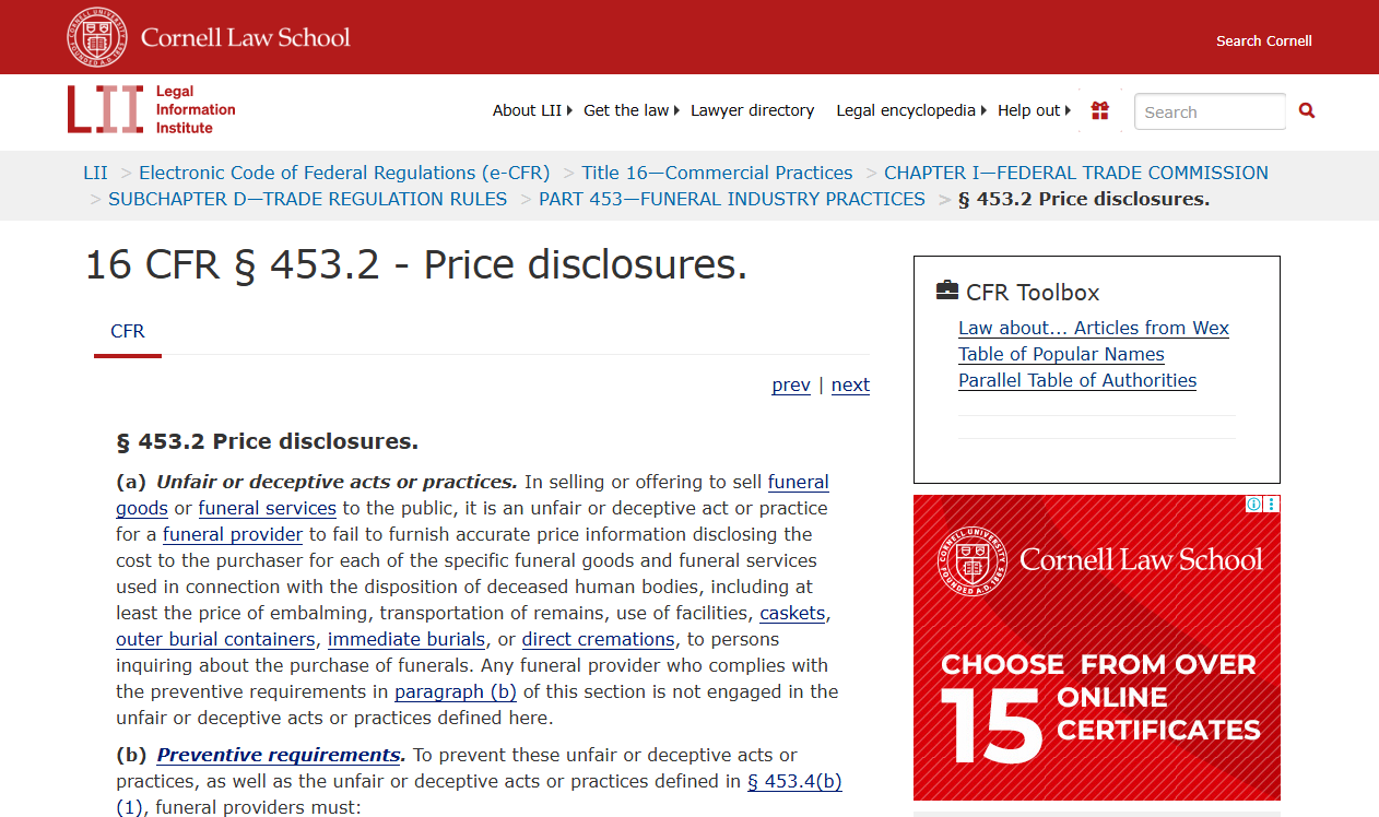Text of the FTC Funeral Rule price disclosure section, 16 CFR 453.2