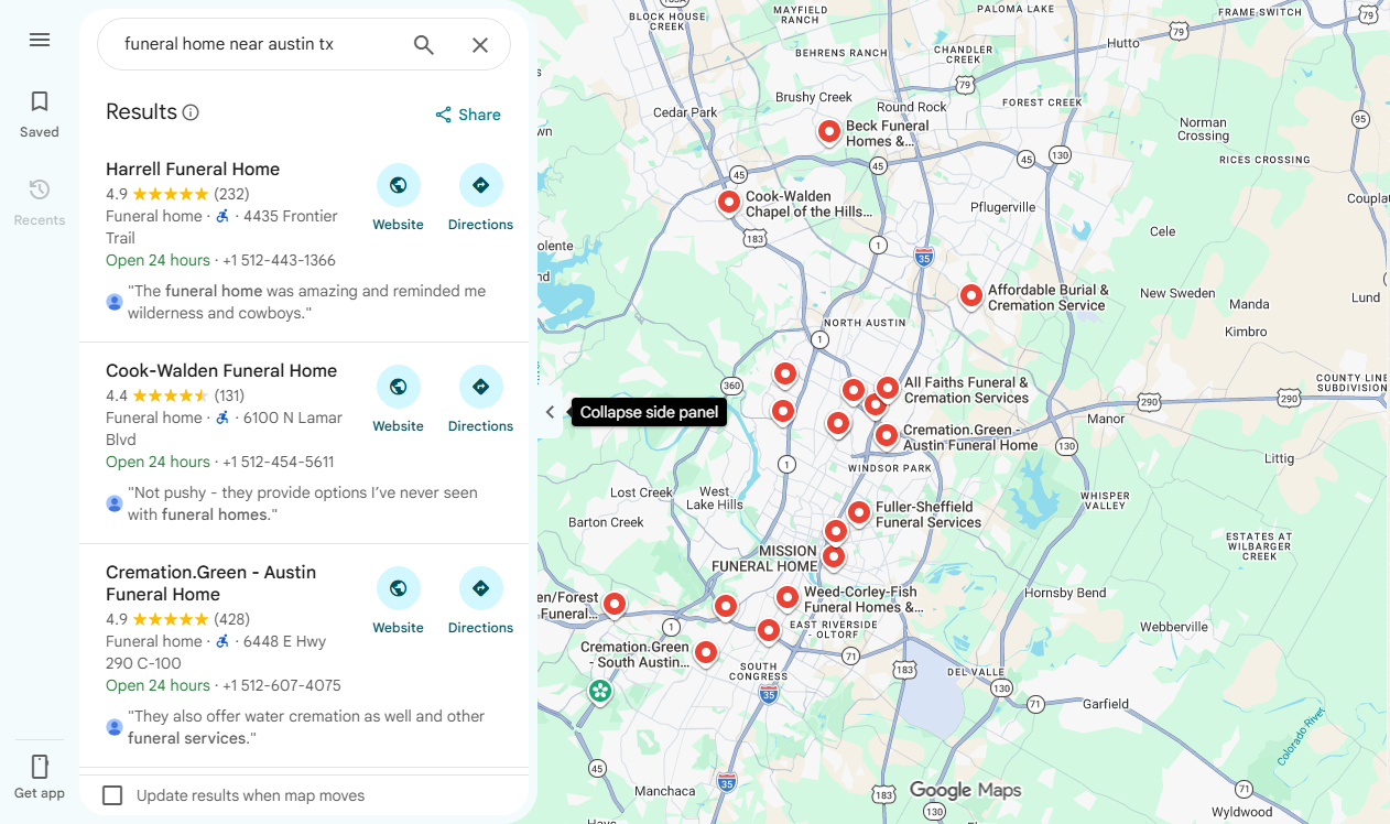 Live Google Maps local pack results for funeral homes near Austin, TX