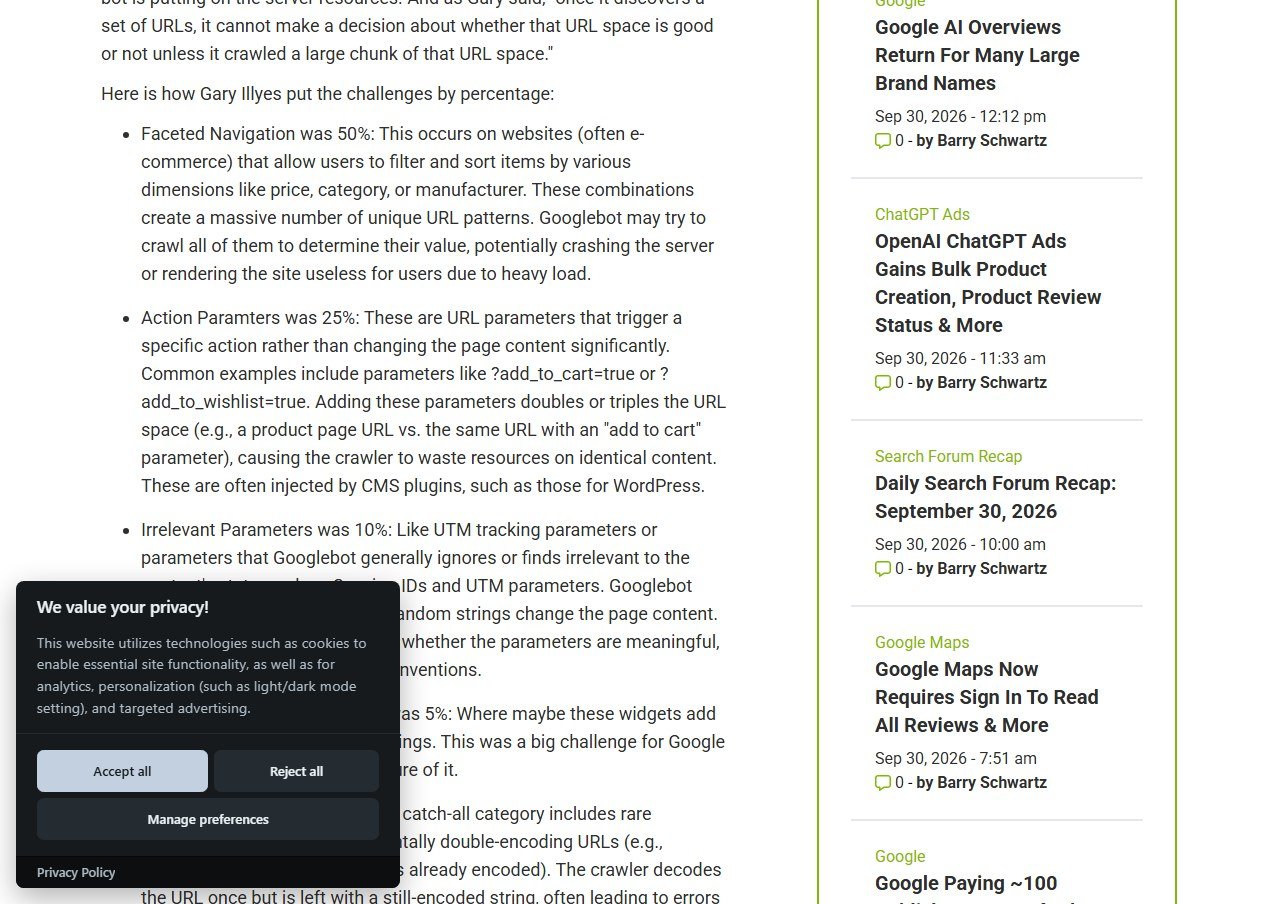 Search Engine Roundtable article reporting Gary Illyes' breakdown of Google crawling issues, showing faceted navigation at 50 percent, commonly occurring on ecommerce sites