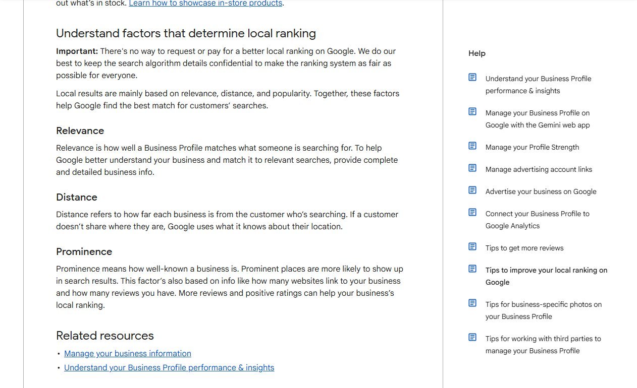 Google Business Profile Help section titled Understand factors that determine local ranking, describing relevance, distance and prominence