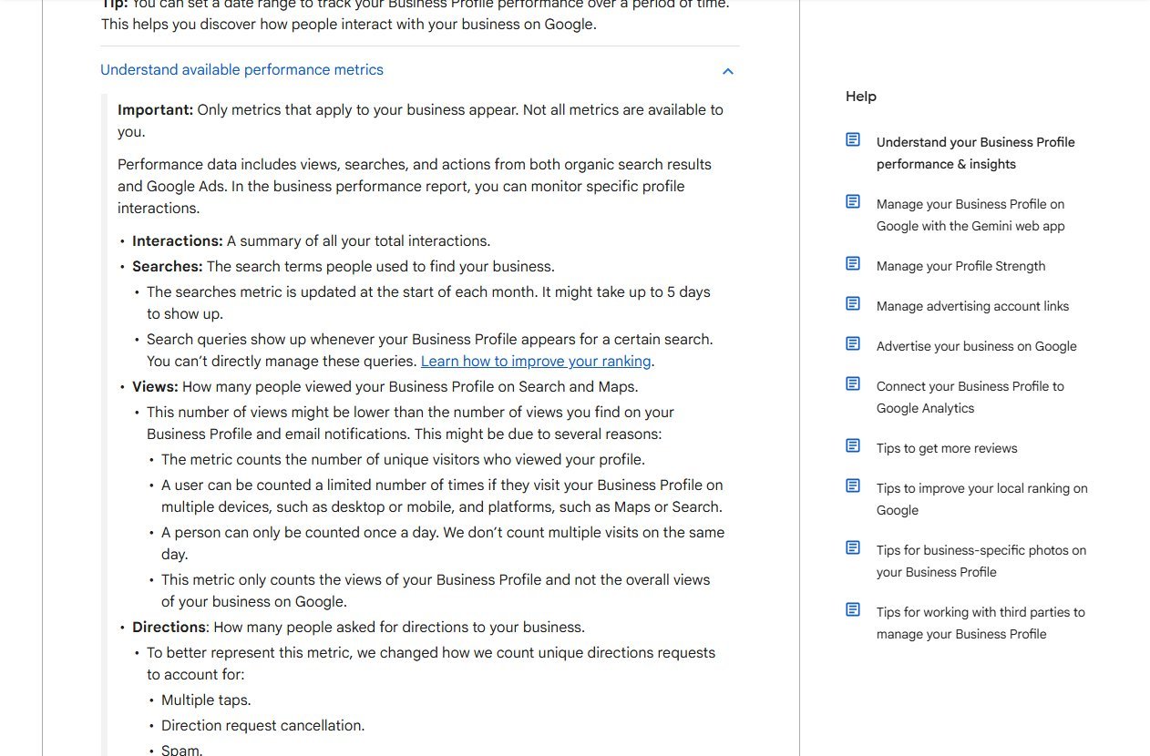 Google Business Profile Help page explaining the Searches metric as the search terms people used to find your business, with monthly update timing