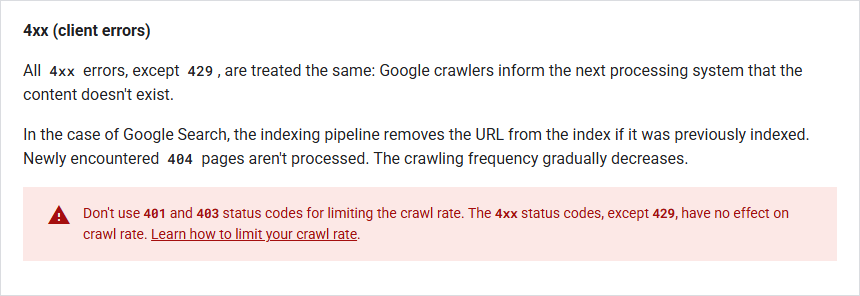 Google crawling documentation on 4xx errors: the indexing pipeline removes the URL from the index if it was previously indexed, newly encountered 404 pages are not processed and crawling frequency gradually decreases