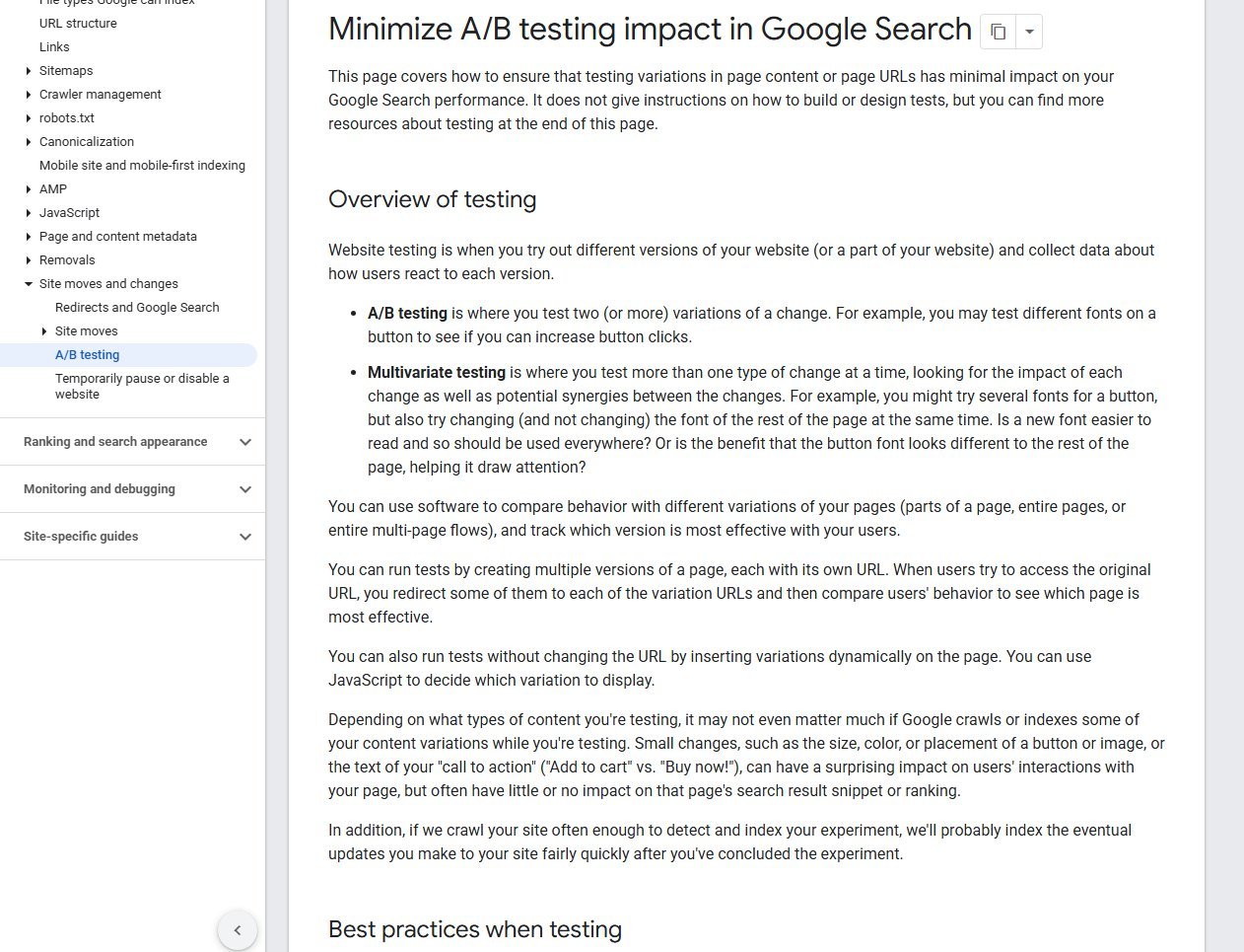 Google Search Central documentation page titled Minimize A/B testing impact in Google Search, with an overview of testing and a contents list of best practices