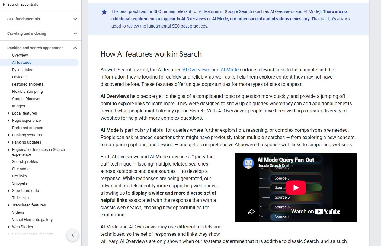 Google Search Central documentation page on AI features and your website stating there are no additional requirements to appear in AI Overviews or AI Mode
