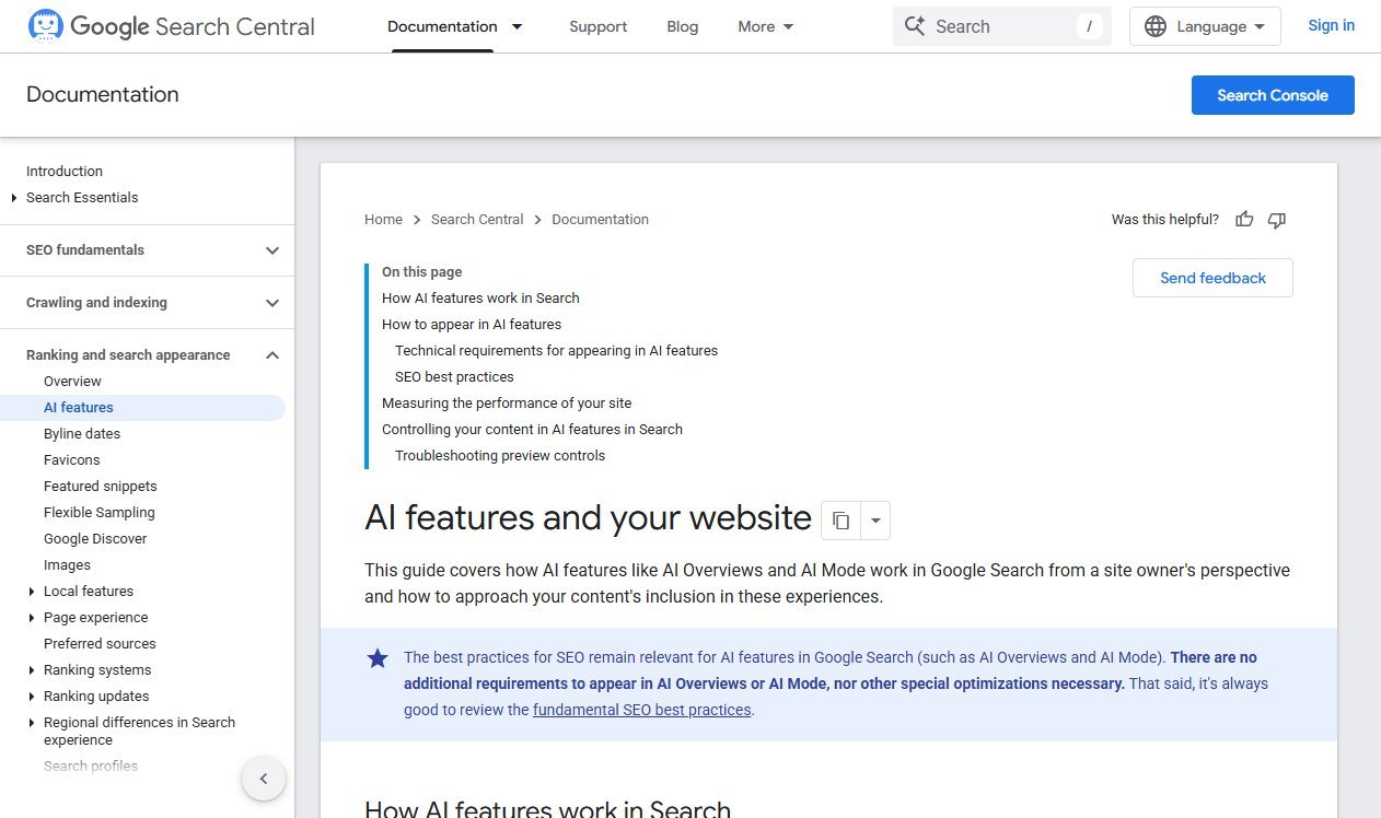 Google Search Central documentation page titled AI features and your website with guidance on appearing in AI Overviews and AI Mode