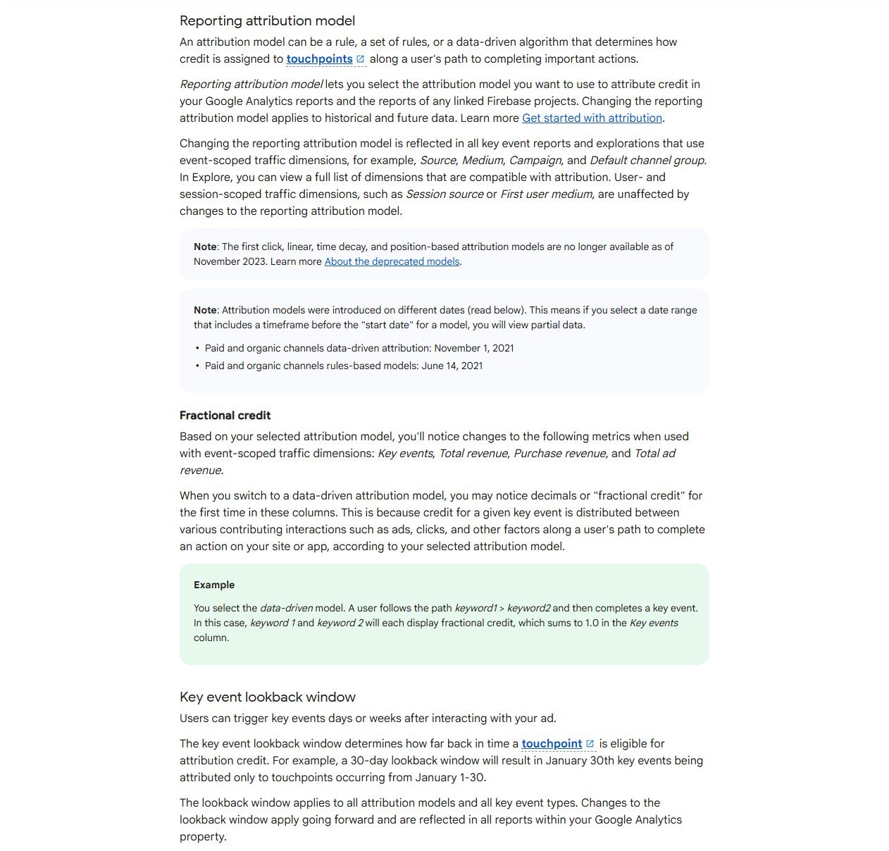 Google Analytics Help page Select attribution settings showing the reporting attribution model, the note that first click, linear, time decay and position-based models are no longer available, and the key event lookback window