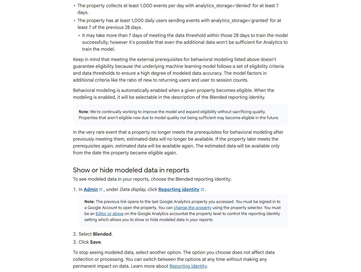 Google Analytics Help article on behavioral modeling for consent mode listing the daily event and user thresholds and the Blended reporting identity setting for showing modeled data