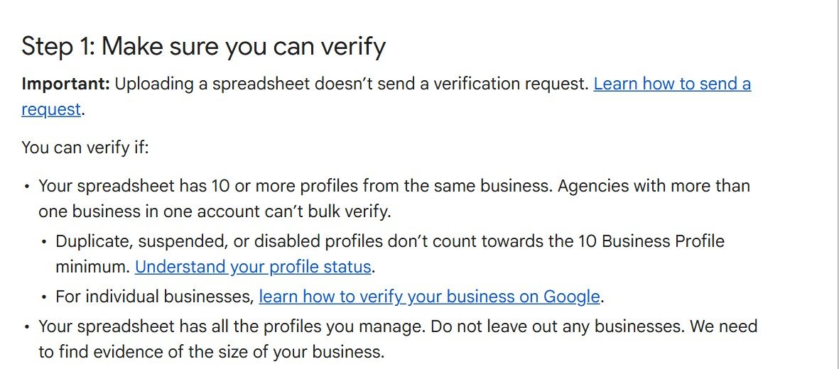 Google Business Profile Help page Verify Business Profiles in bulk, Step 1, saying the spreadsheet must have 10 or more profiles from the same business and must include every profile you manage