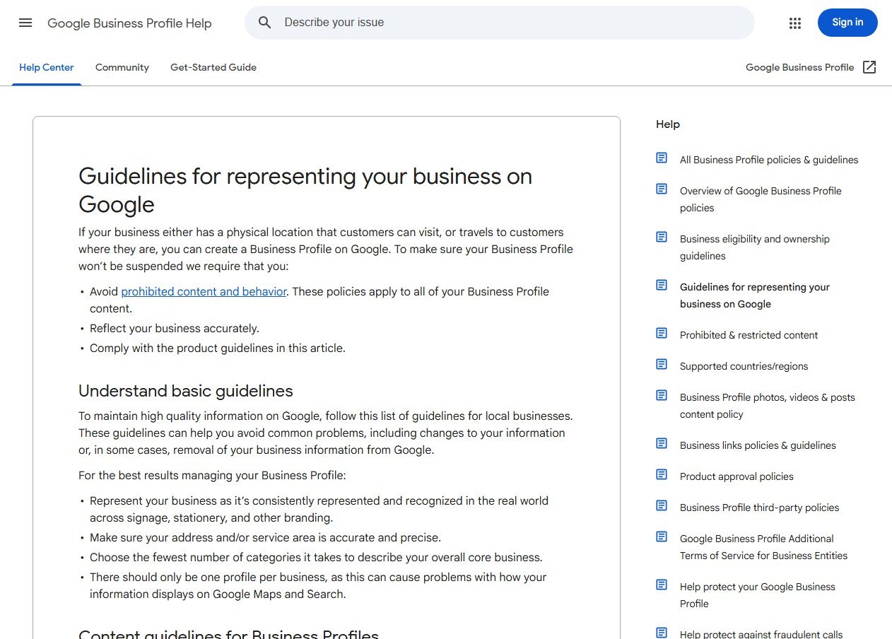 Google Business Profile help page titled Guidelines for representing your business on Google, listing the basic rules including one profile per business and choosing the fewest categories