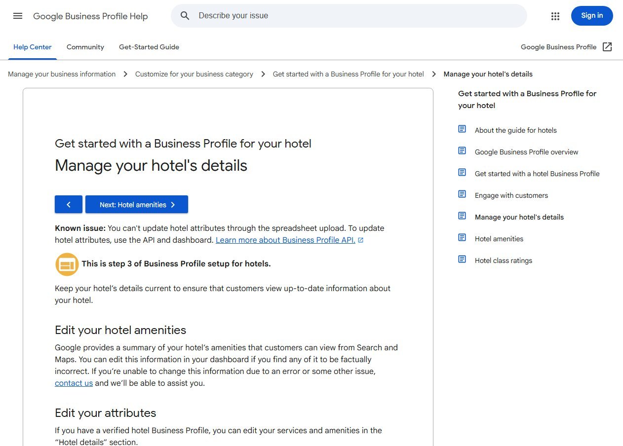 Google Business Profile Help page titled Get started with a Business Profile for your hotel, showing the Manage your hotel's details step with the section on editing hotel amenities