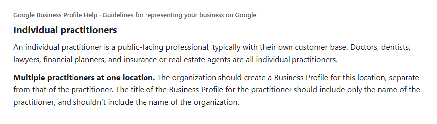 Google Business Profile Help guidelines on individual practitioners: doctors are individual practitioners, the organization creates a profile for the location separate from the practitioner, and the practitioner profile title includes only the practitioner name
