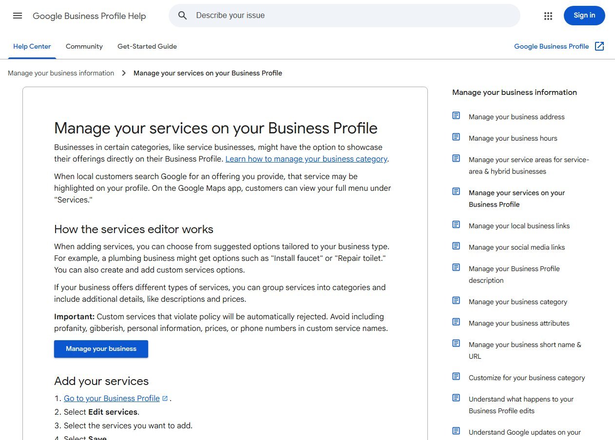 Google Business Profile Help page titled Manage your services on your Business Profile explaining how the services editor works and the warning about custom service names
