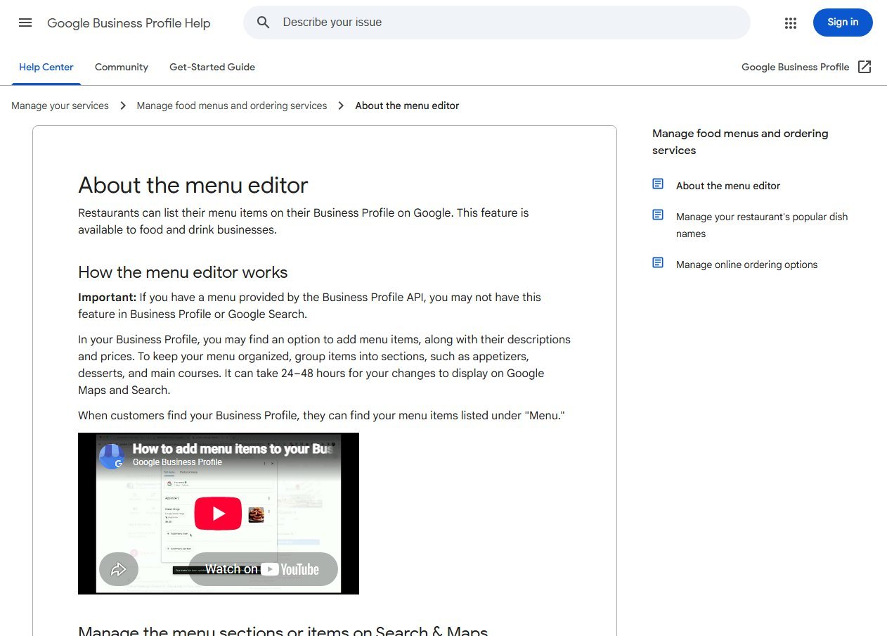Google Business Profile Help page titled About the menu editor, explaining that restaurants can list menu items with descriptions and prices grouped into sections