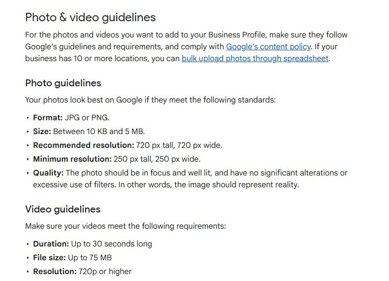 Google Business Profile help page showing the photo and video guidelines, including JPG or PNG format, 10 KB to 5 MB size and 720 by 720 pixel recommended resolution