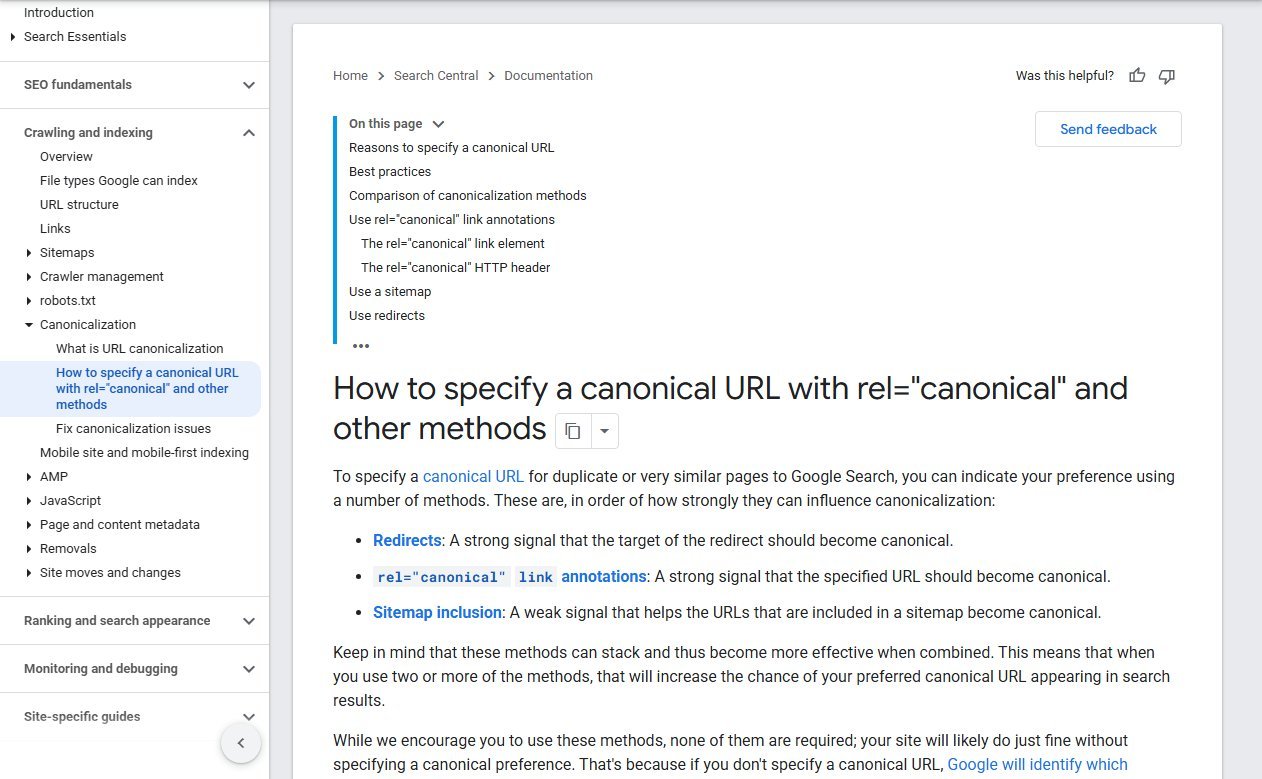 Google Search Central documentation page on how to specify a canonical URL, listing redirects, rel canonical link annotations and sitemap inclusion in order of signal strength