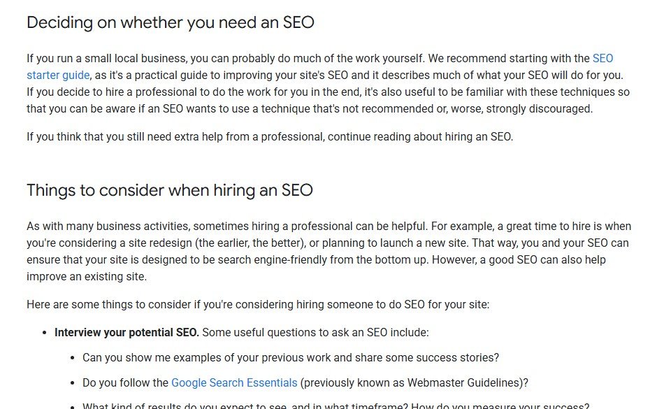Google Search Central page Do you need an SEO, with the sections on deciding whether you need one, things to consider when hiring, and questions to ask an SEO