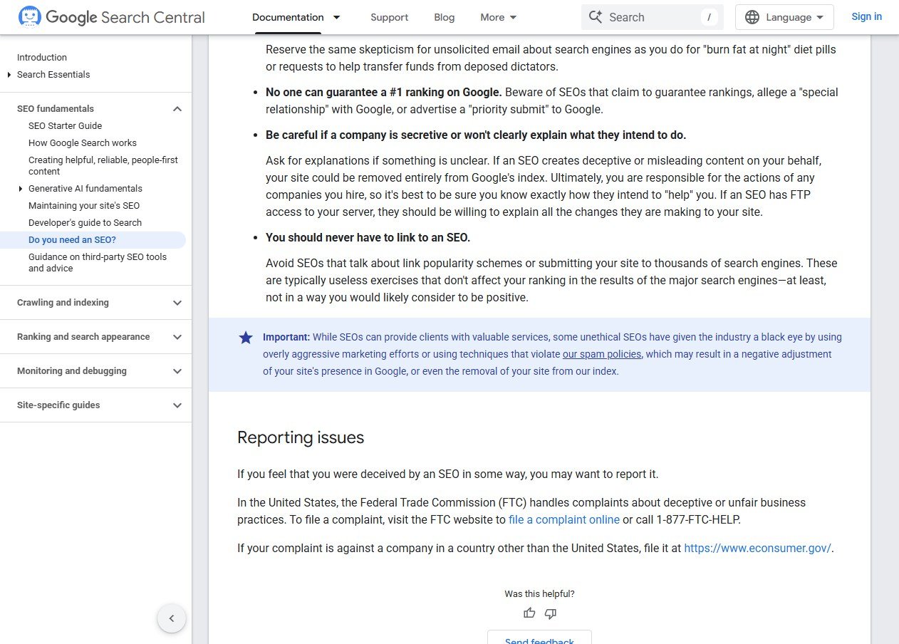 Google Search Central page Do you need an SEO showing warnings that no one can guarantee a number one ranking, to be careful if a company is secretive, and that you should never have to link to an SEO