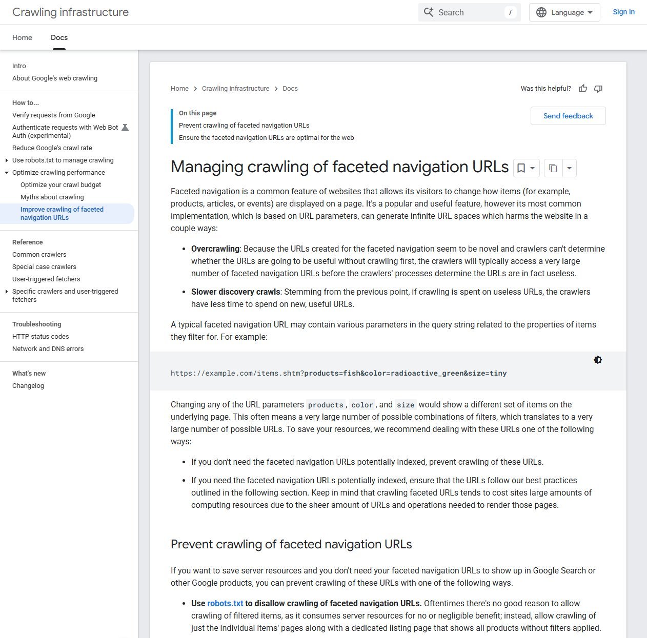 Google Search Central documentation page titled Managing crawling of faceted navigation URLs, explaining overcrawling and slower discovery crawls caused by filter parameters