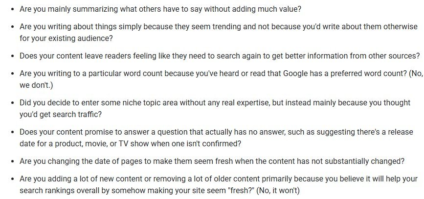 Google Search Central list of questions about search engine-first content, including changing page dates to seem fresh and removing a lot of older content to help rankings, with the answer that it will not