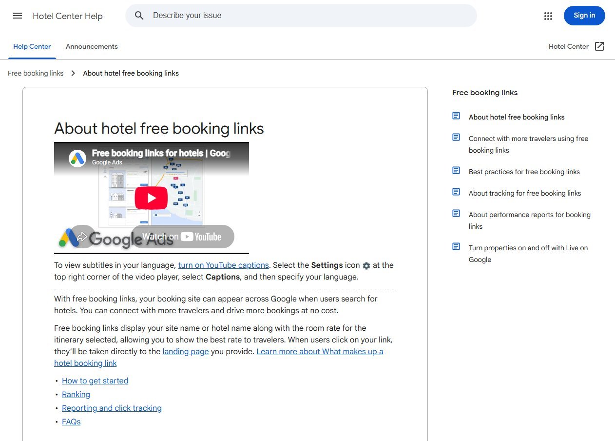 Google Hotel Center Help page titled About hotel free booking links, explaining that a booking site can appear across Google when users search for hotels at no cost