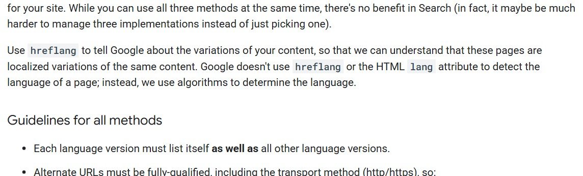 Google Search Central localized versions page: hreflang tells Google about variations of content, Google does not use hreflang or the HTML lang attribute to detect language, and each language version must list itself and all others