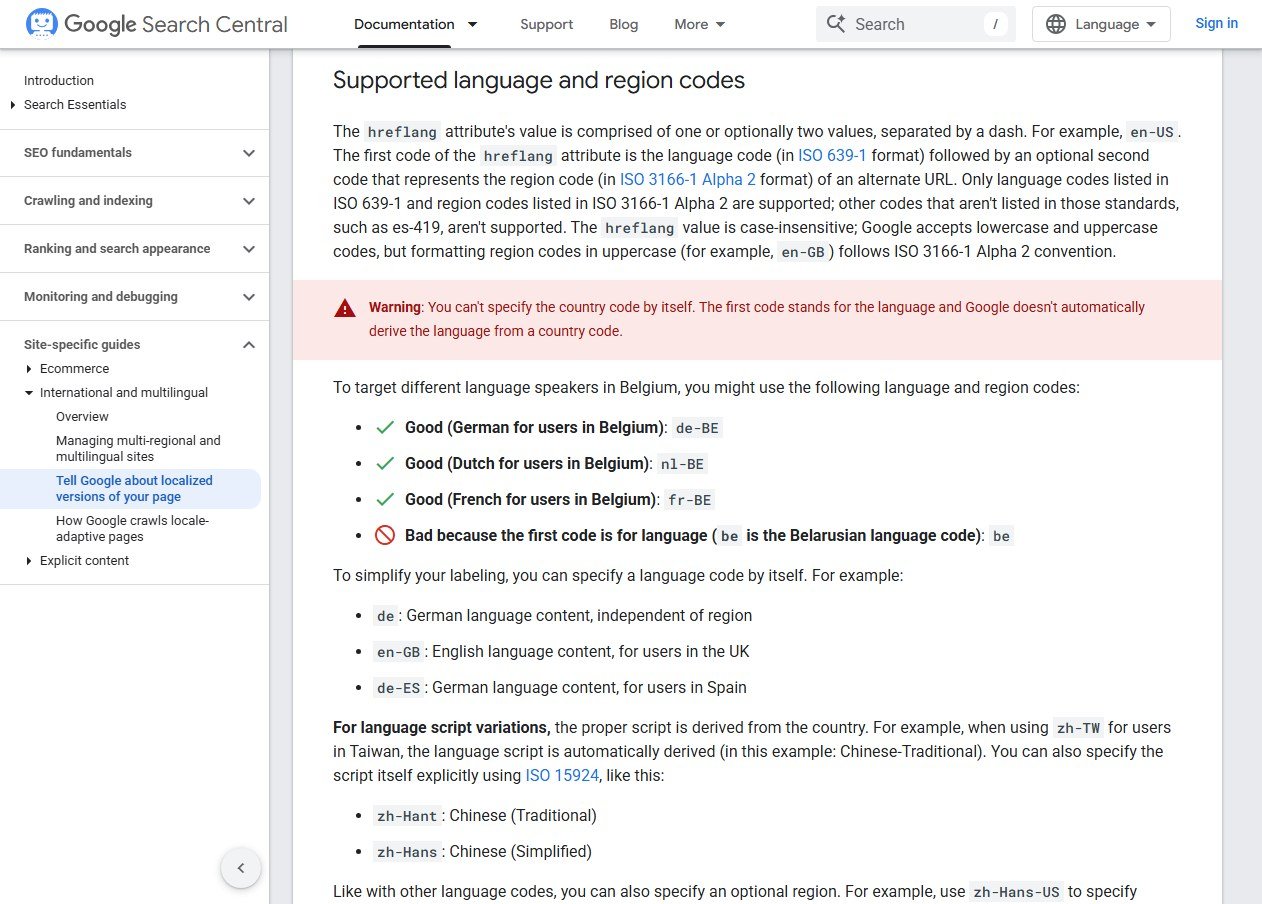 Google Search Central documentation page on supported hreflang language and region codes, stating that codes such as es-419 are not supported because 419 is not an ISO 3166-1 region code