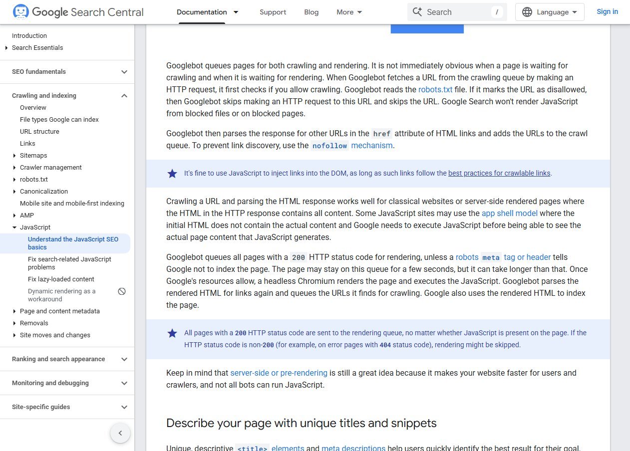 Google Search Central documentation page Understand the JavaScript SEO basics, showing how Googlebot checks robots.txt, parses href attributes in HTML links and queues pages for rendering
