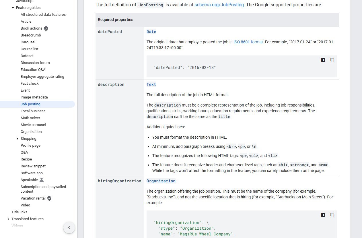 Google Search Central JobPosting structured data documentation showing the required properties datePosted, description and hiringOrganization with example values