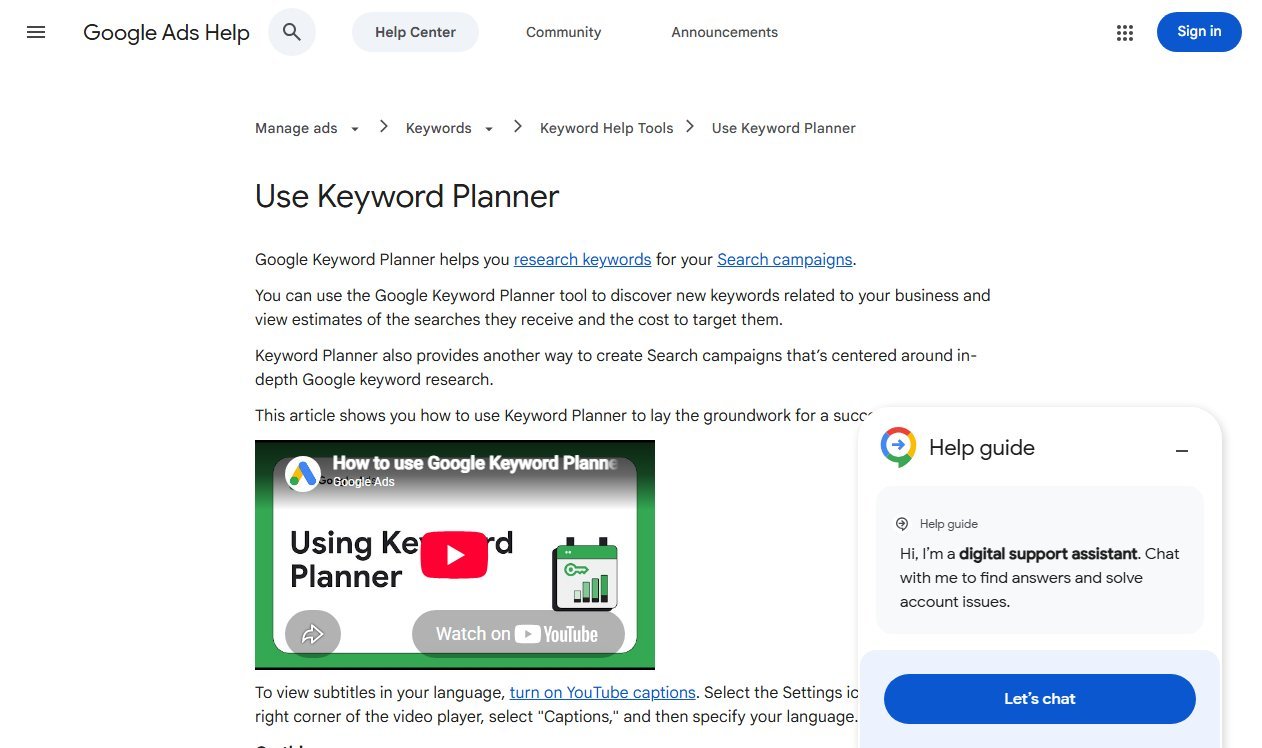Google Ads Help page explaining how to use Keyword Planner to discover new keywords and view search estimates